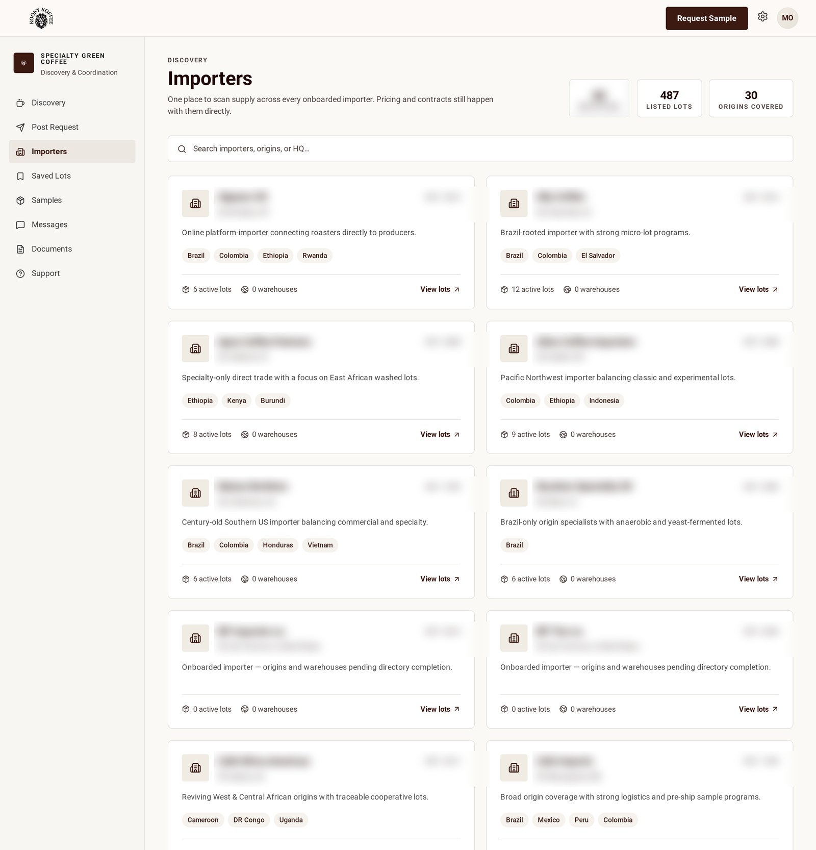 The Kooky Koffee importer directory listing vetted green coffee importers, their origins and active lot counts