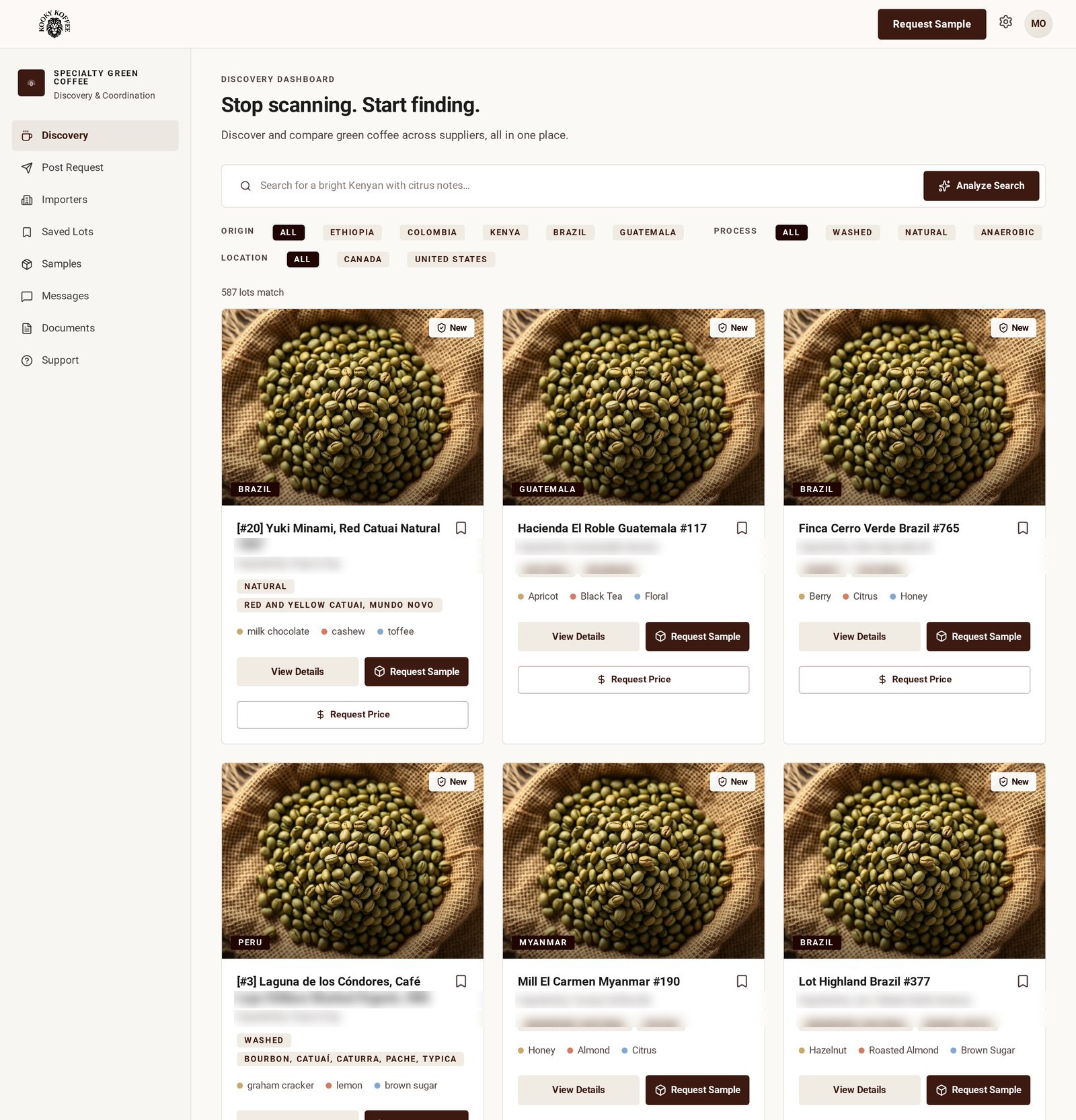 Green coffee lots on the Kooky Koffee discovery page, filtered by origin, process and location with tasting notes and sample request buttons