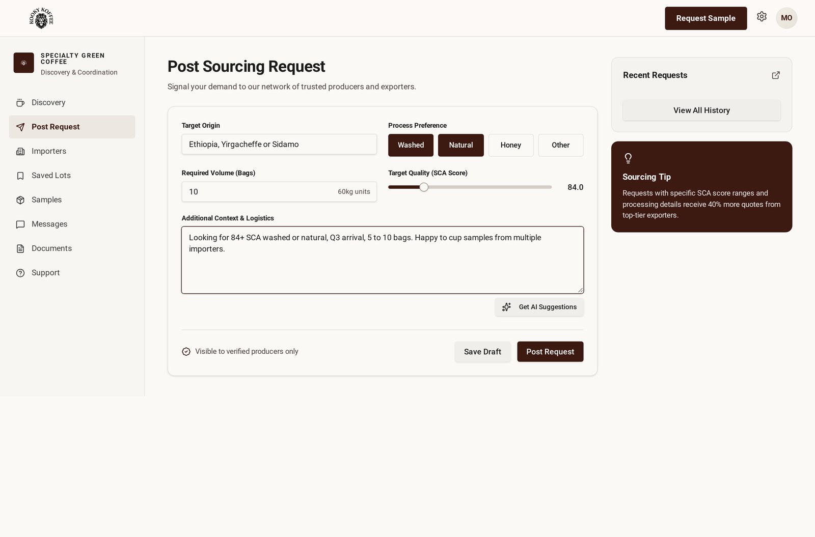 A sourcing request on Kooky Koffee asking importers for an Ethiopian natural lot with quantity and cup score targets